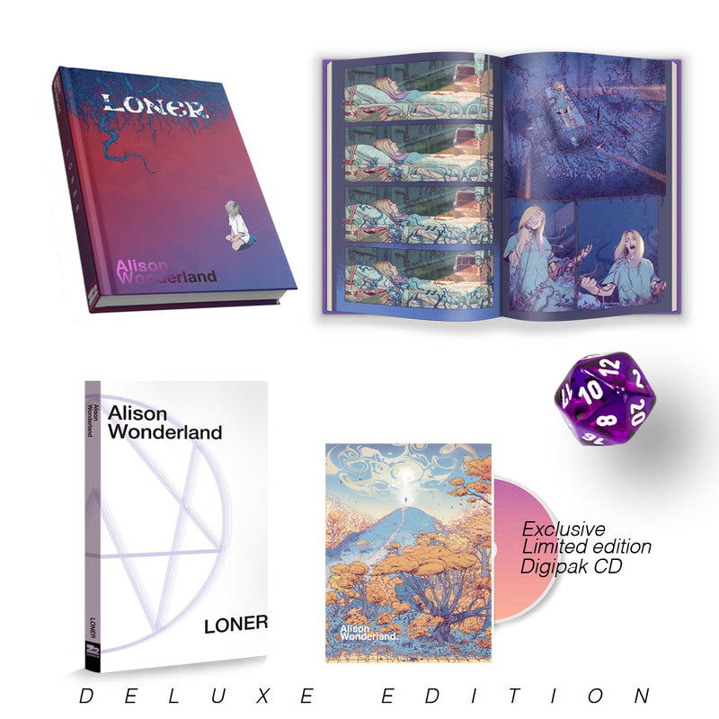 LONER: An Alison Wonderland Graphic novel. 120 pages, full color, hardbound. Oversized Deluxe Edition comes with slipcase, 3 art prints, exclusive limited edition CD of LONER and 20-sided RPG die.