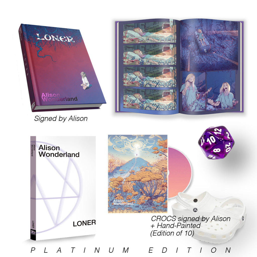 LONER: An Alison Wonderland Graphic novel. 120 pages, full color, hardbound. Oversized Platinum Edition comes with slipcase, 3 art prints, exclusive limited edition CD of LONER, 20-sided RPG die and a pair of SIGNED, Hand-Painted Crocs. Limited Edition of 10.